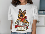 German Shepherd wearing bandana with text "My Shepherd Runs This House."