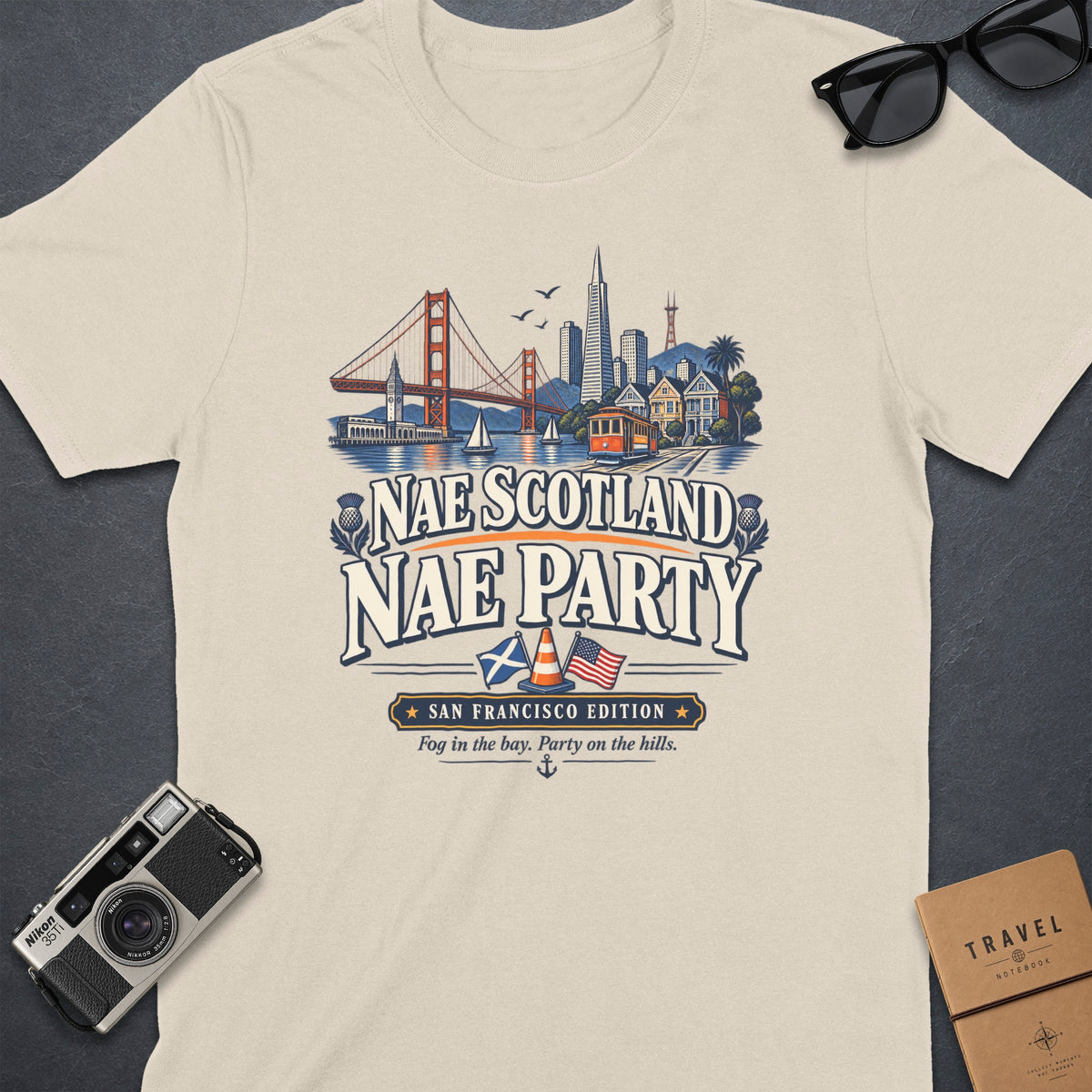 T-shirt with San Francisco skyline graphic and "Nae Scotland Nae Party" text.