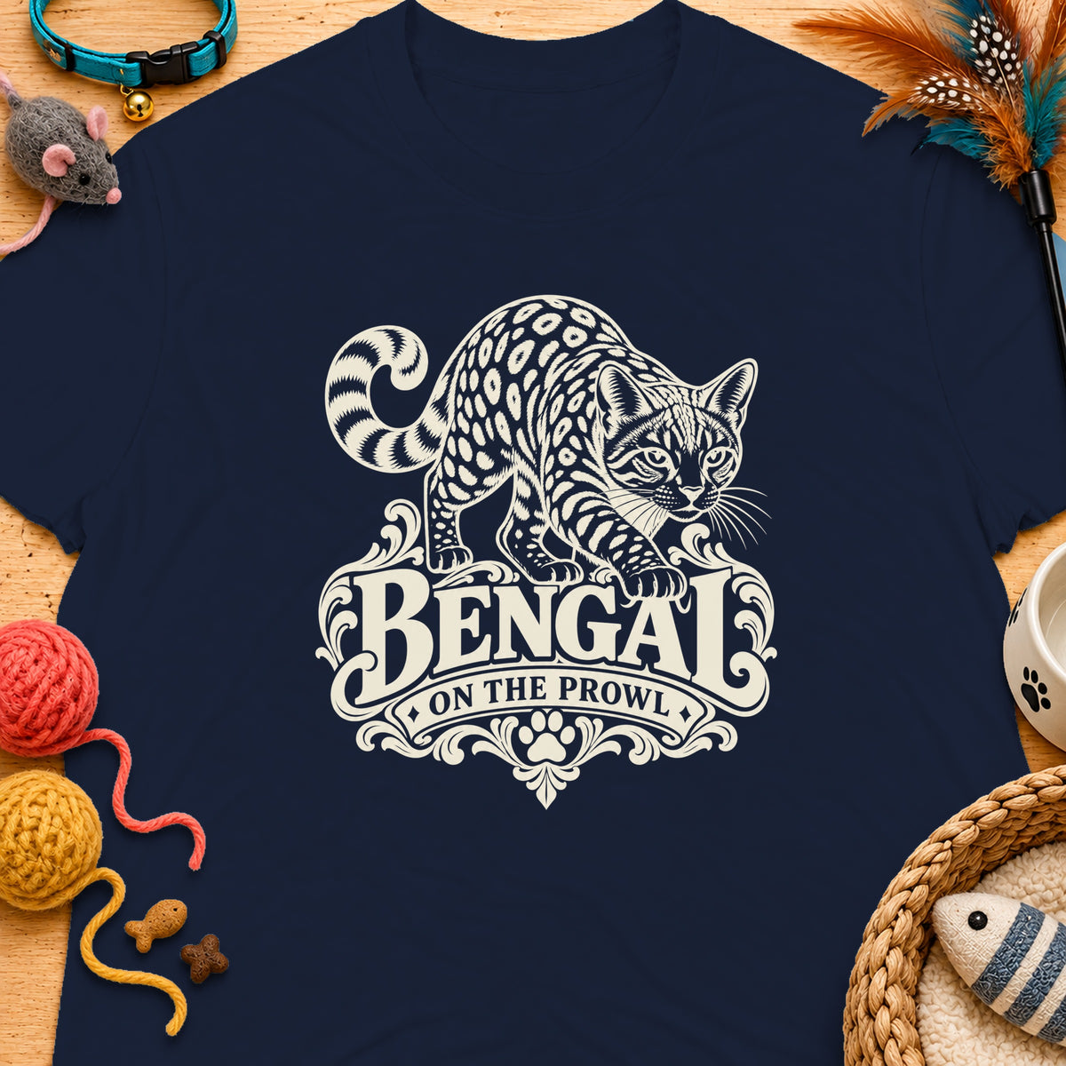 Navy t-shirt with cream Bengal cat graphic and text "Bengal On The Prowl."
