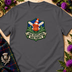 A dark grey t-shirt featuring a crest with a traffic cone on a thistle and the text NAE SCOTLAND NAE PARTY.