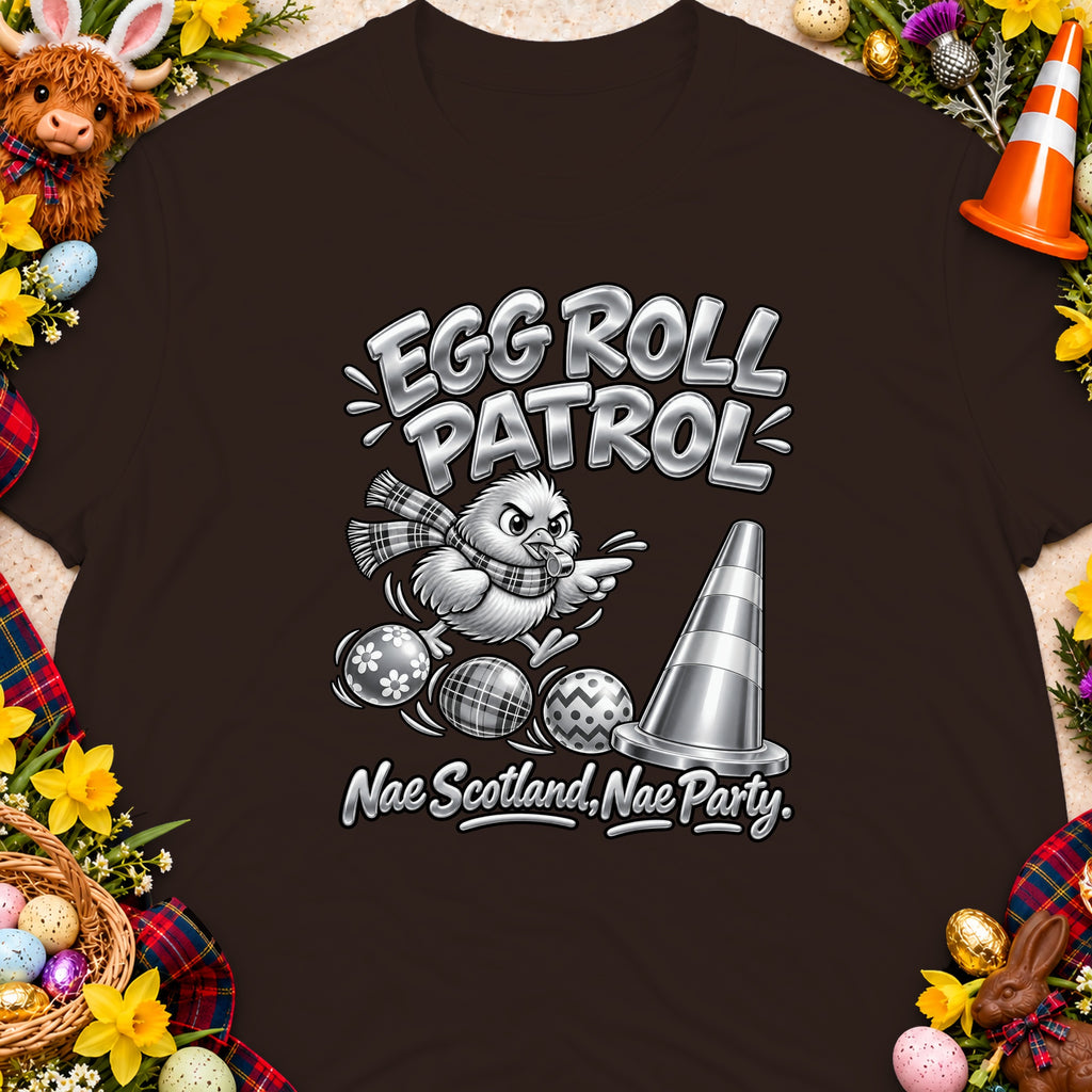 Cartoon chick with scarf, eggs, and traffic cone, saying "Egg Roll Patrol."