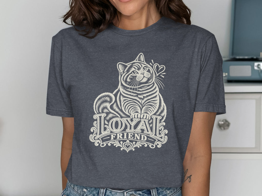 Dark grey t-shirt with white graphic of a cat and text "LOYAL FRIEND".