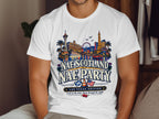 White t-shirt with "Nae Scotland Nae Party Las Vegas Edition" graphic.