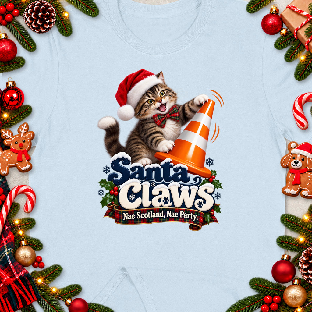 T-shirt with Santa Claus cat graphic and "Santa Claws Nae Scotland, Nae Party" text.