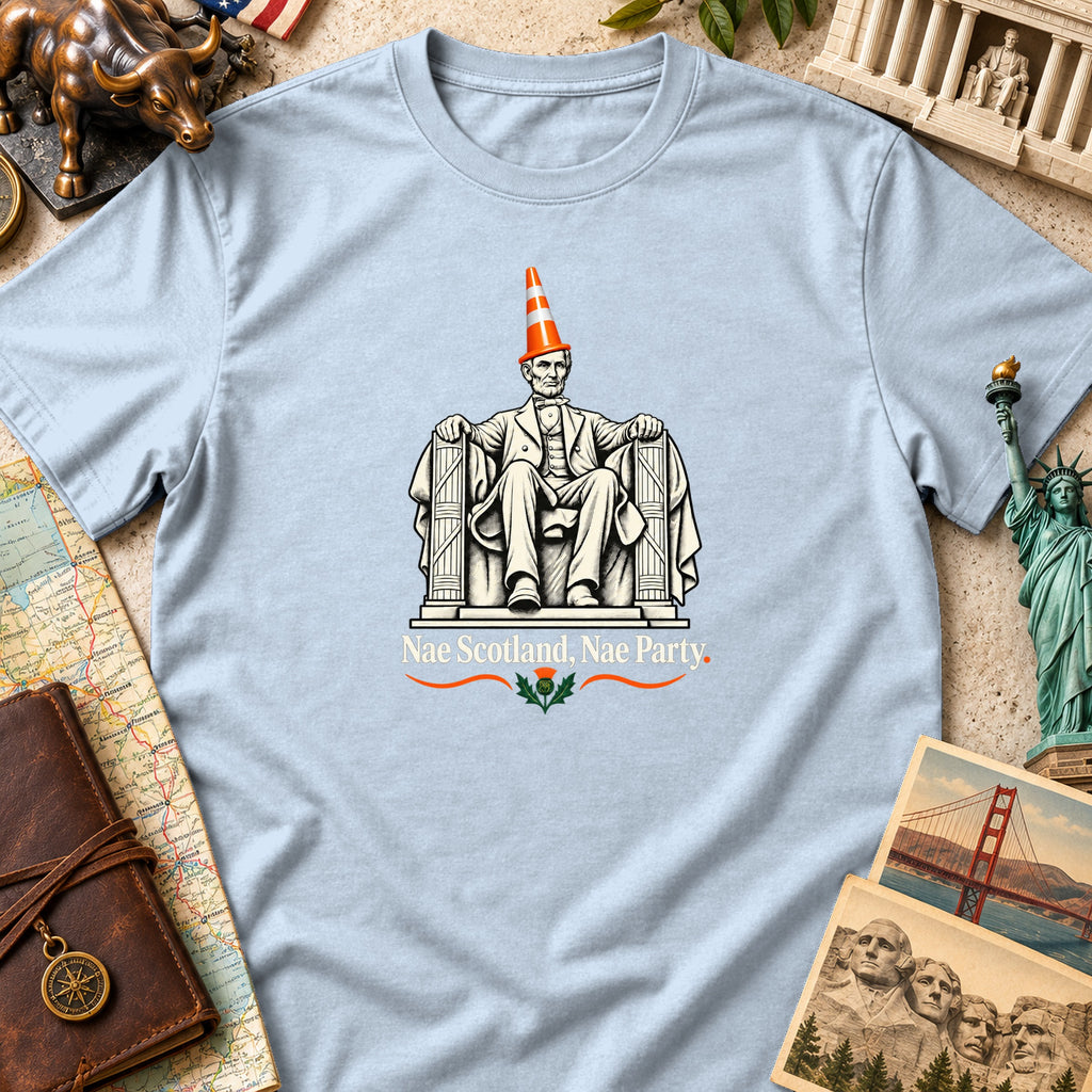 Light blue crewneck t-shirt featuring a graphic of the Lincoln Memorial with a traffic cone on Lincoln and the text Nae Scotland, Nae Party.