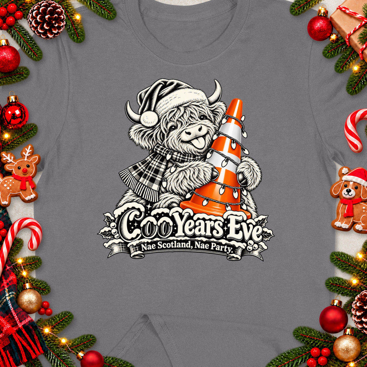 Highland cow with Santa hat and Christmas lights on traffic cone, "CooYears Eve".