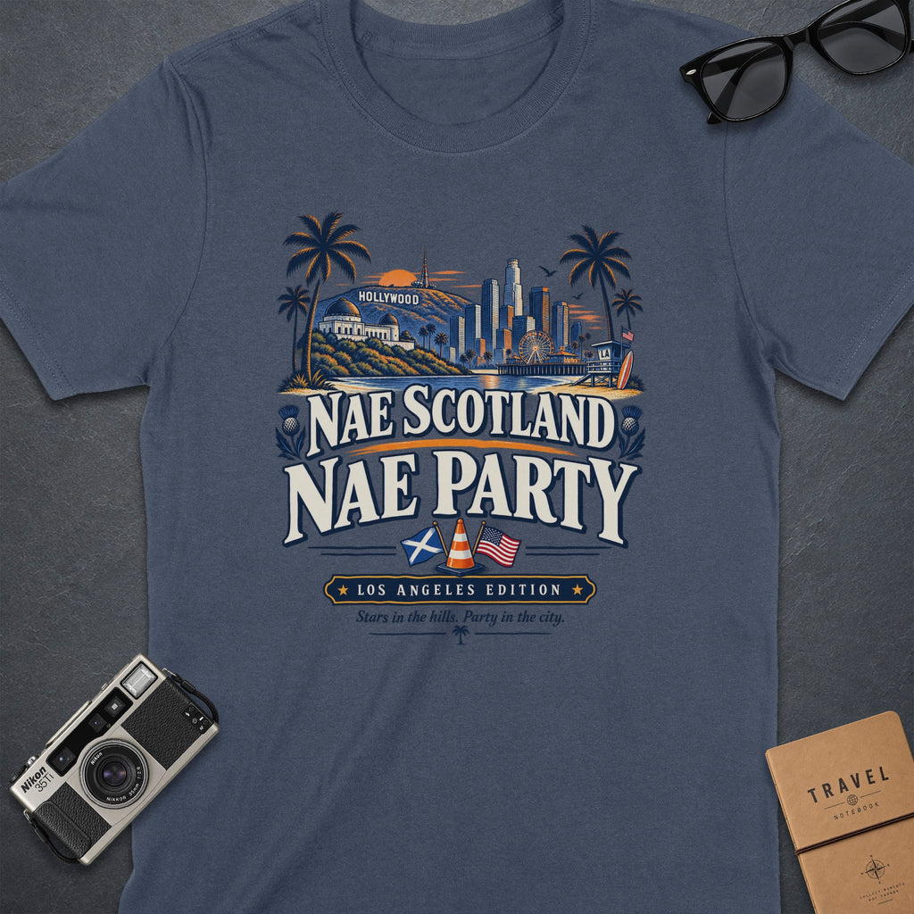 T-shirt with "Nae Scotland Nae Party" Los Angeles edition design and skyline.