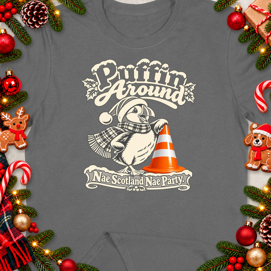 Puffin wearing Santa hat and scarf, with "Puffin Around" and "Nae Scotland Nae Party" text.