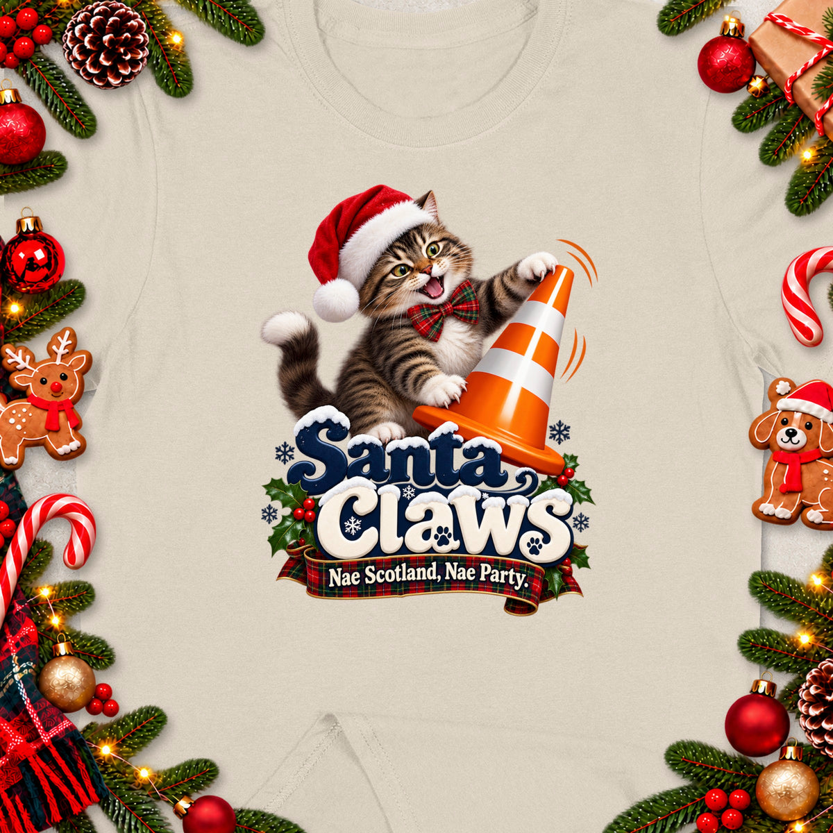 A cat in a Santa hat holds an orange traffic cone with "Santa Claws" text.