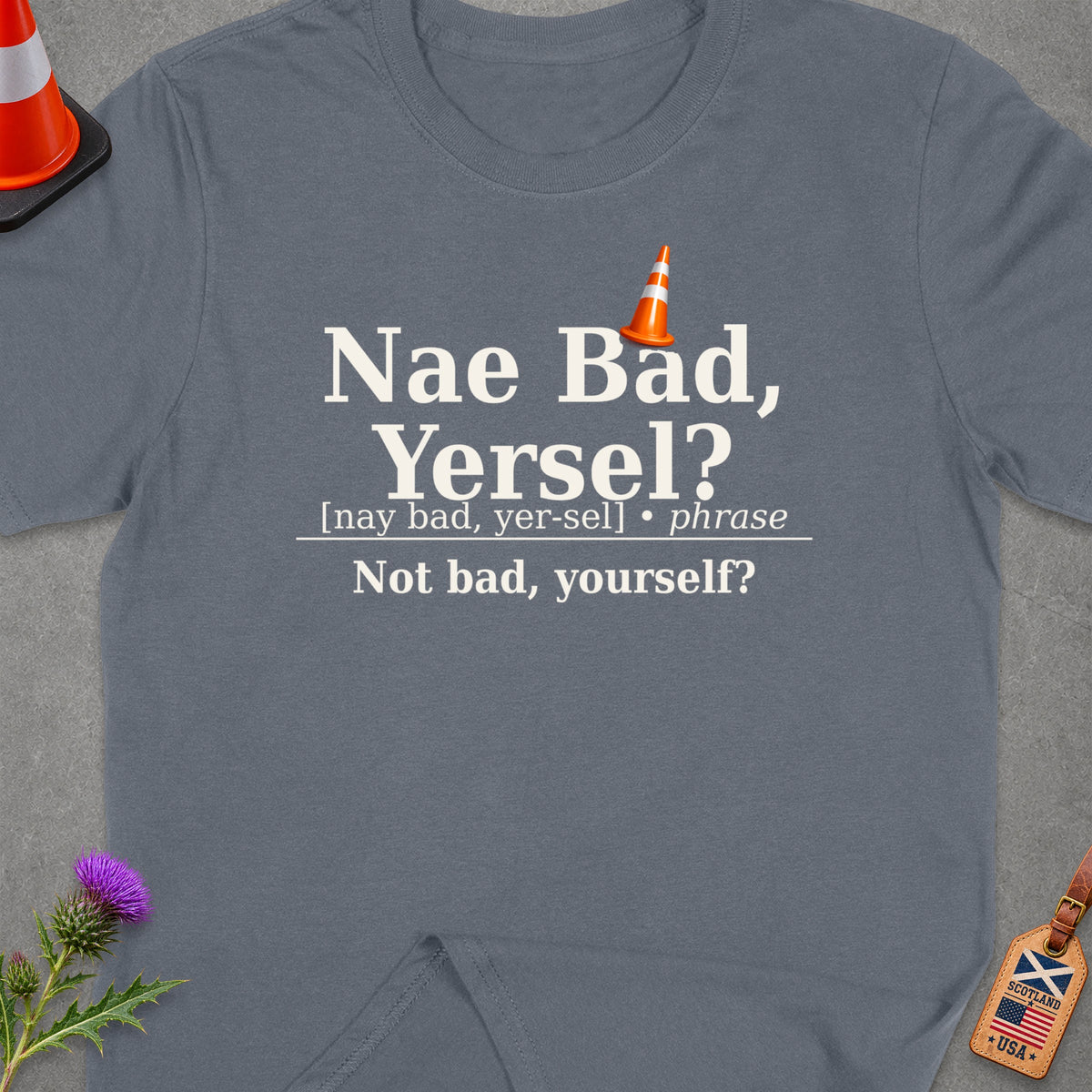 Gray t-shirt with "Nae Bad, Yersel?" text and Scottish/USA flag tag.