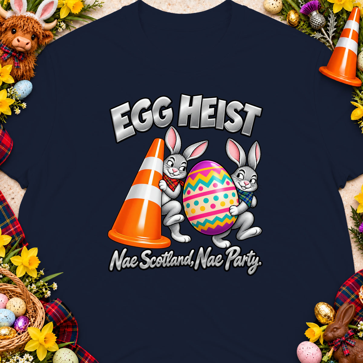Two cartoon bunnies hold an Easter egg and a traffic cone, with "Egg Heist" and "Nae Scotland, Nae Party" text.
