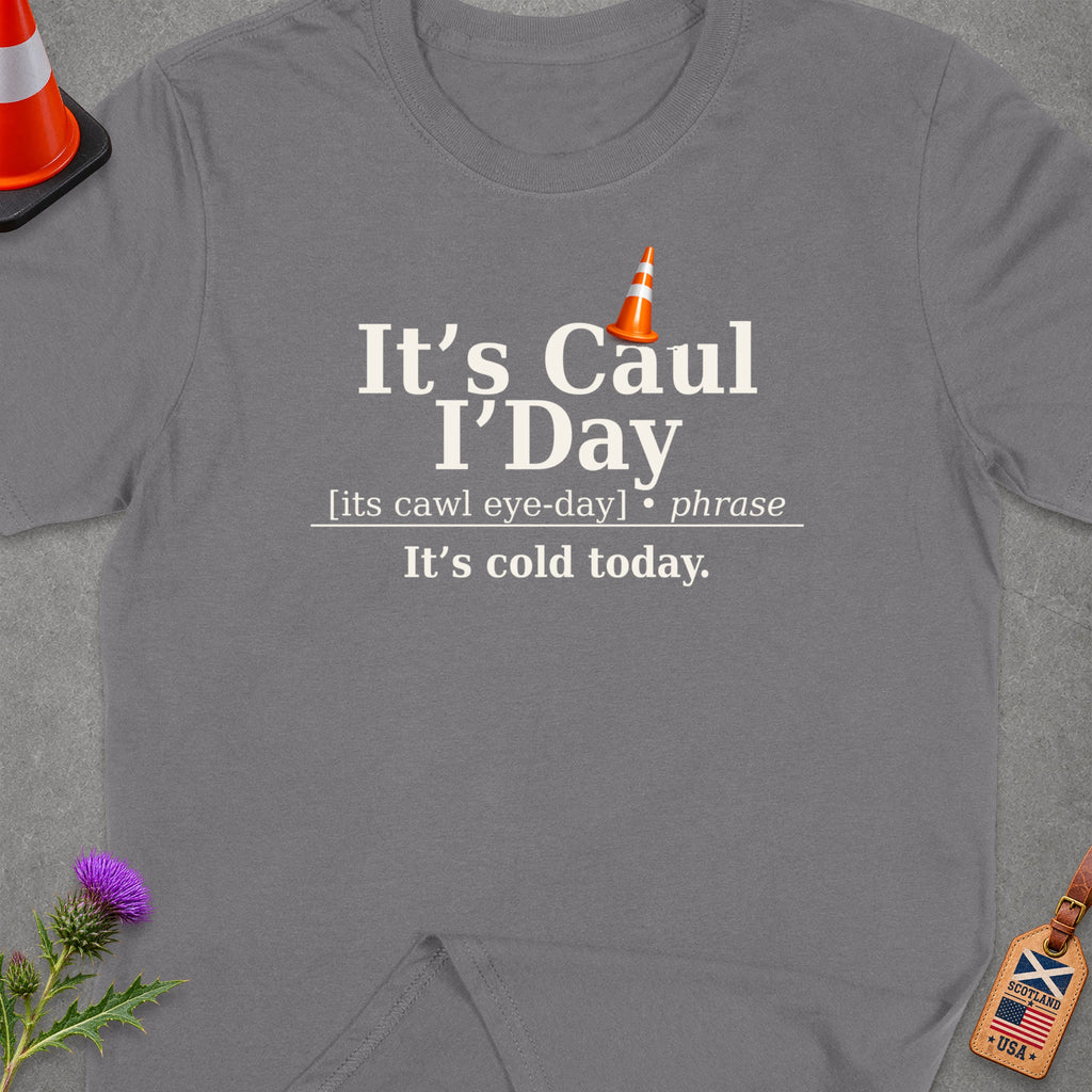 Grey t-shirt with text "It's Caul I'Day" and "It's cold today."