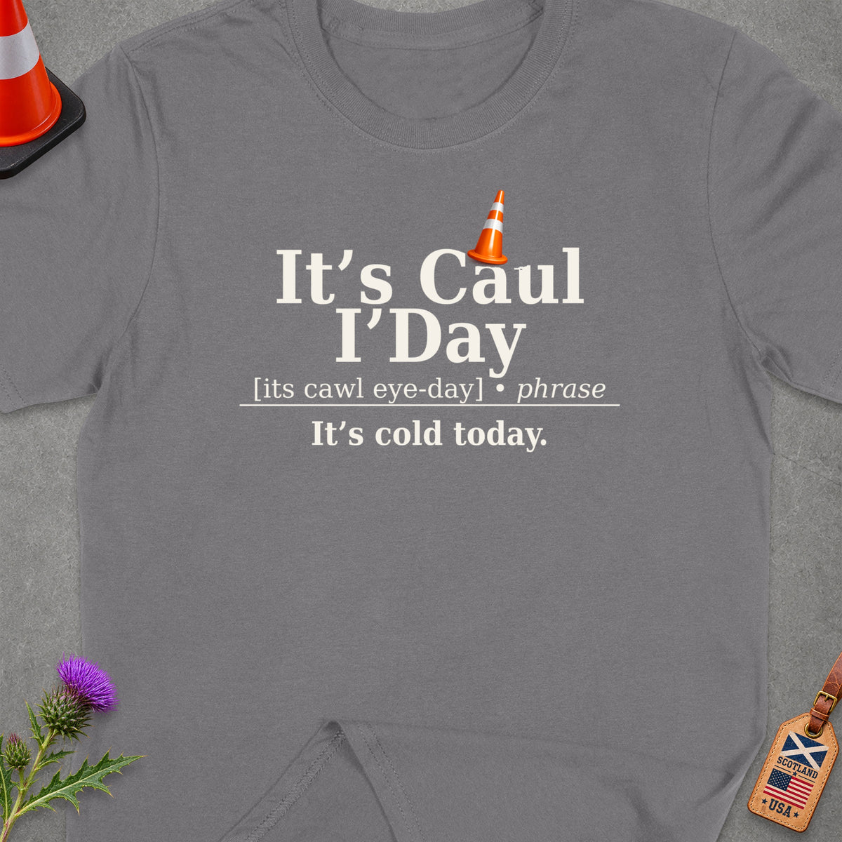 Grey t-shirt with text "It's Caul I'Day" and "It's cold today."