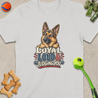 German Shepherd dog graphic on shirt reading "Loyal, Loud & Judging You."