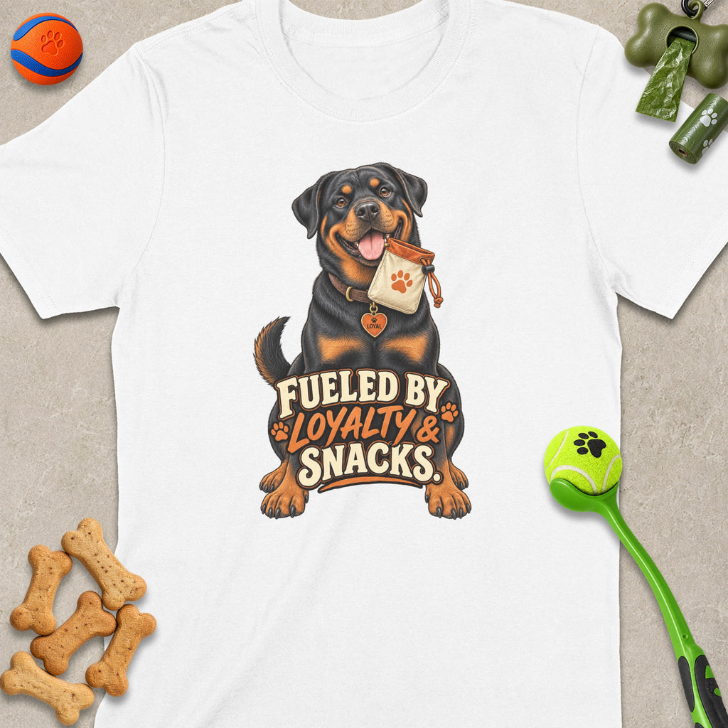 Rottweiler on white t-shirt with text "Fueled by Loyalty & Snacks."