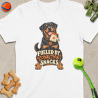 Rottweiler on white t-shirt with text "Fueled by Loyalty & Snacks."