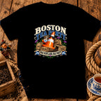 Black t-shirt featuring a Boston Tea Party graphic with a traffic cone holding a teacup.