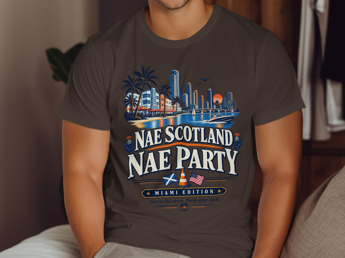 T-shirt with Miami skyline graphic and text "Nae Scotland Nae Party Miami Edition".