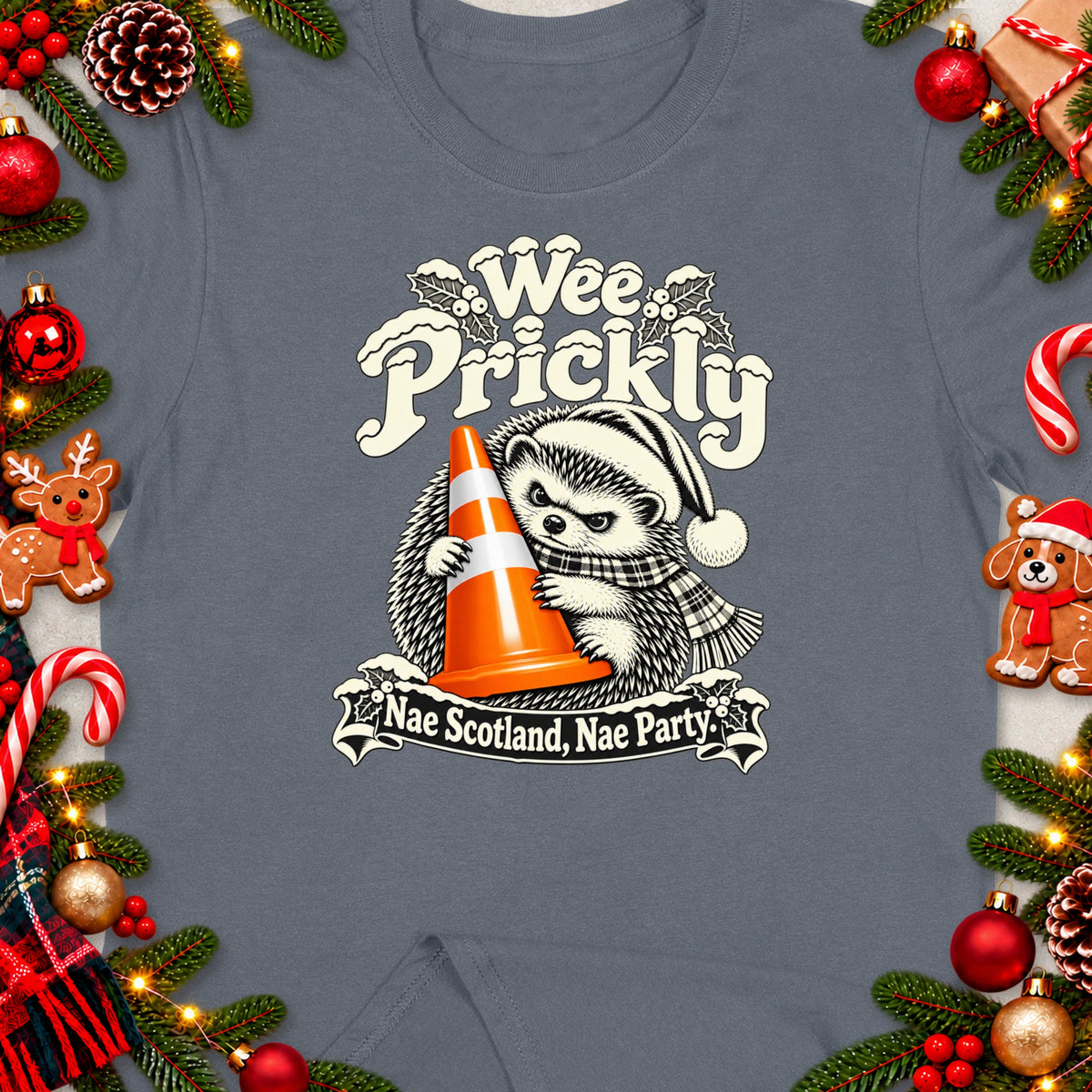T-shirt graphic of a hedgehog holding an orange traffic cone with "Wee Prickly" and "Nae Scotland, Nae Party" text.