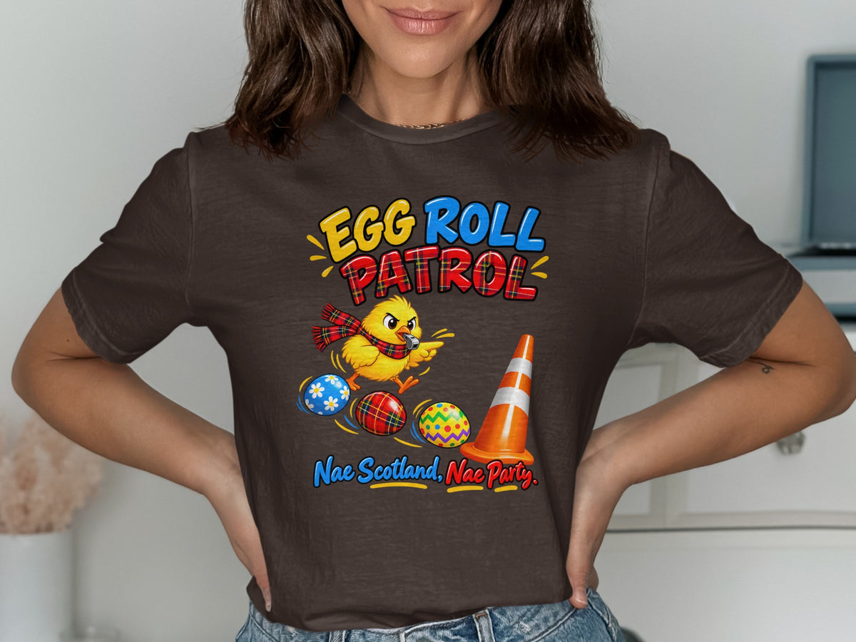 Chick with traffic cone and Easter eggs, "Egg Roll Patrol" text.