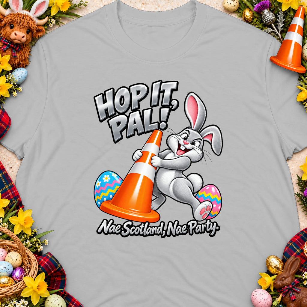 Cartoon rabbit holding traffic cone with text "Hop It, Pal!" and "Nae Scotland, Nae Party".