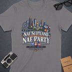 Grey t-shirt with "Nae Scotland Nae Party" text and Atlanta skyline graphic.