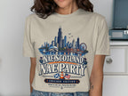Chicago skyline graphic on beige shirt with "Nae Scotland Nae Party" text.