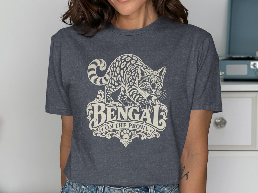 Dark gray t-shirt with a cream Bengal cat illustration and "BENGAL ON THE PROWL" text.