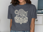 Dark gray t-shirt with a cream Bengal cat illustration and "BENGAL ON THE PROWL" text.