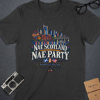 T-shirt with Nashville skyline graphic and text "Nae Scotland Nae Party".
