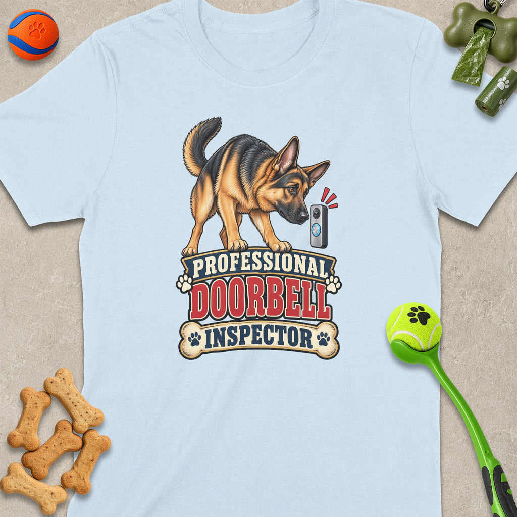 German Shepherd inspecting a doorbell with text "Professional Doorbell Inspector".