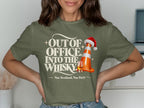 Green t-shirt with "Out of Office. Into the Whisky" and a traffic cone with Santa hat.