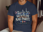 Navy t-shirt with Washington D.C. landmarks, Nae Scotland Nae Party, and Washington Edition text.
