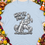 Bunny holding traffic cone with text "Hop it, Pal!" and "Nae Scotland, Nae Party."