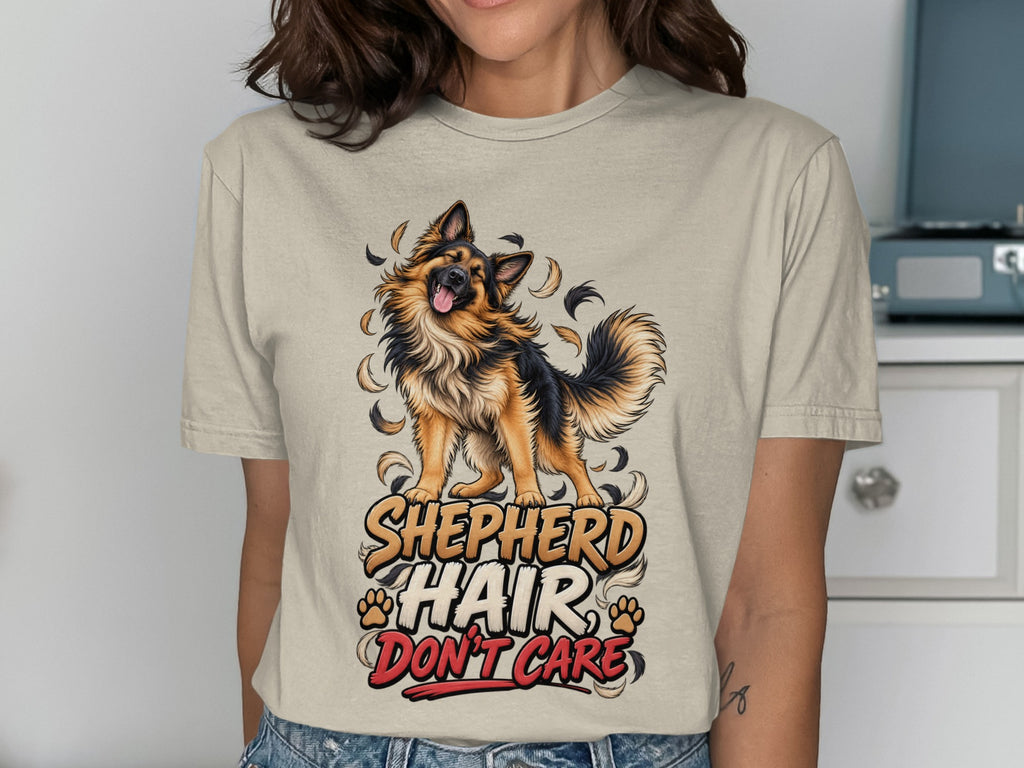 German Shepherd with "Shepherd Hair Don't Care" text and paw prints.