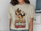 German Shepherd with "Shepherd Hair Don't Care" text and paw prints.