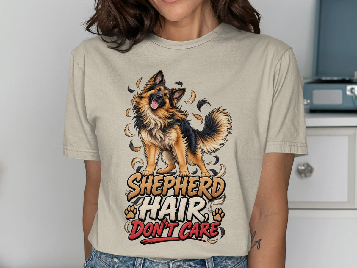 German Shepherd with "Shepherd Hair Don't Care" text and paw prints.