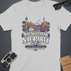 White t-shirt with graphic "Nae Scotland Nae Party Las Vegas Edition" and Vegas skyline.