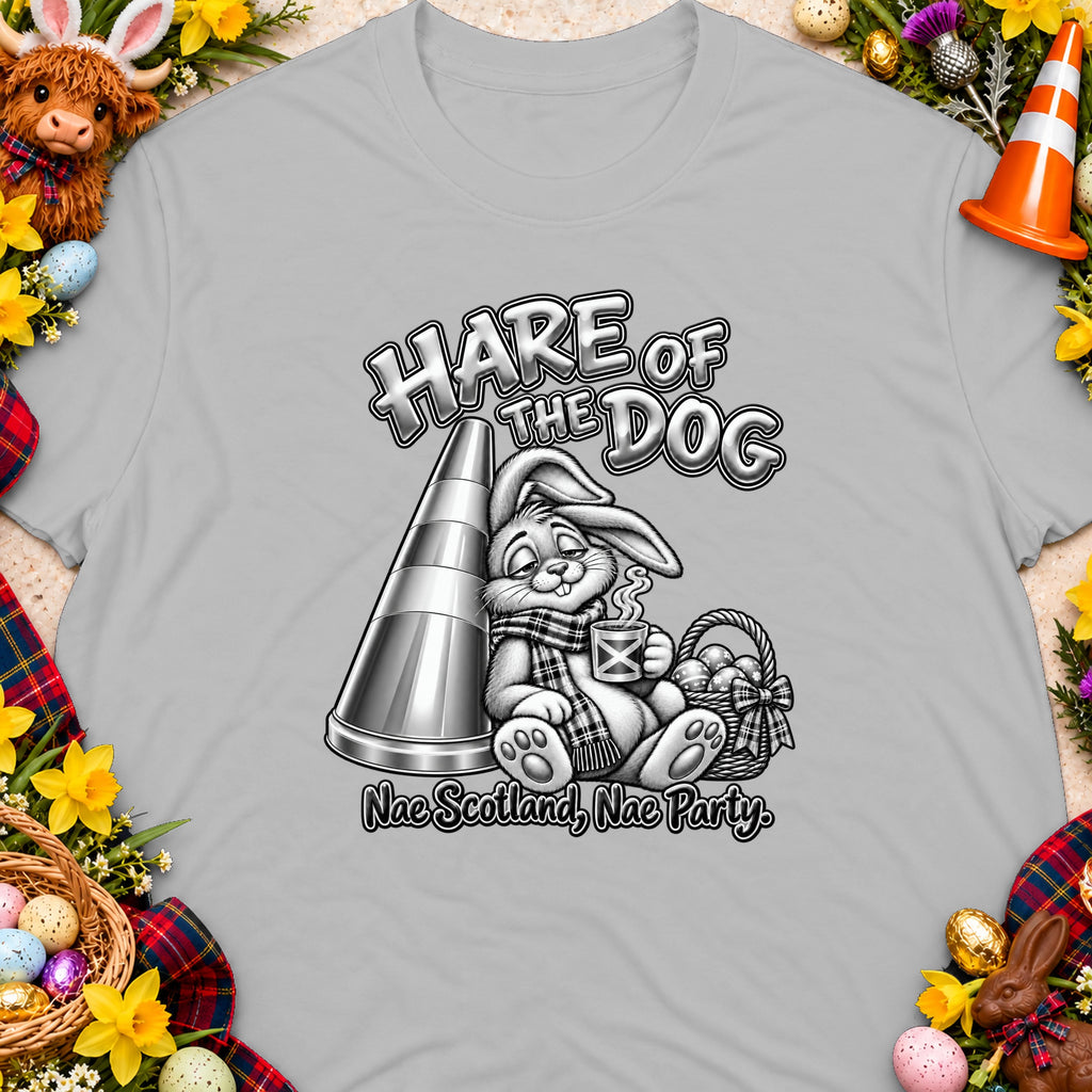 Hare of the Dog graphic with rabbit, traffic cone, and Scottish text.