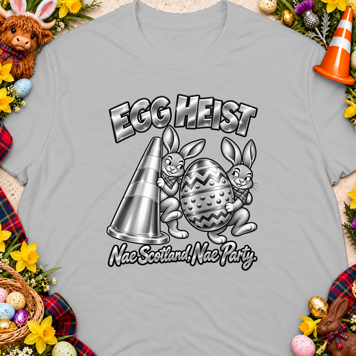 Two bunnies steal a large Easter egg, with text "EGG HEIST" and "Nae Scotland, Nae Party".