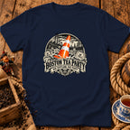 Dark blue t-shirt featuring a graphic print of a traffic cone in the sea with text Boston Tea Party.