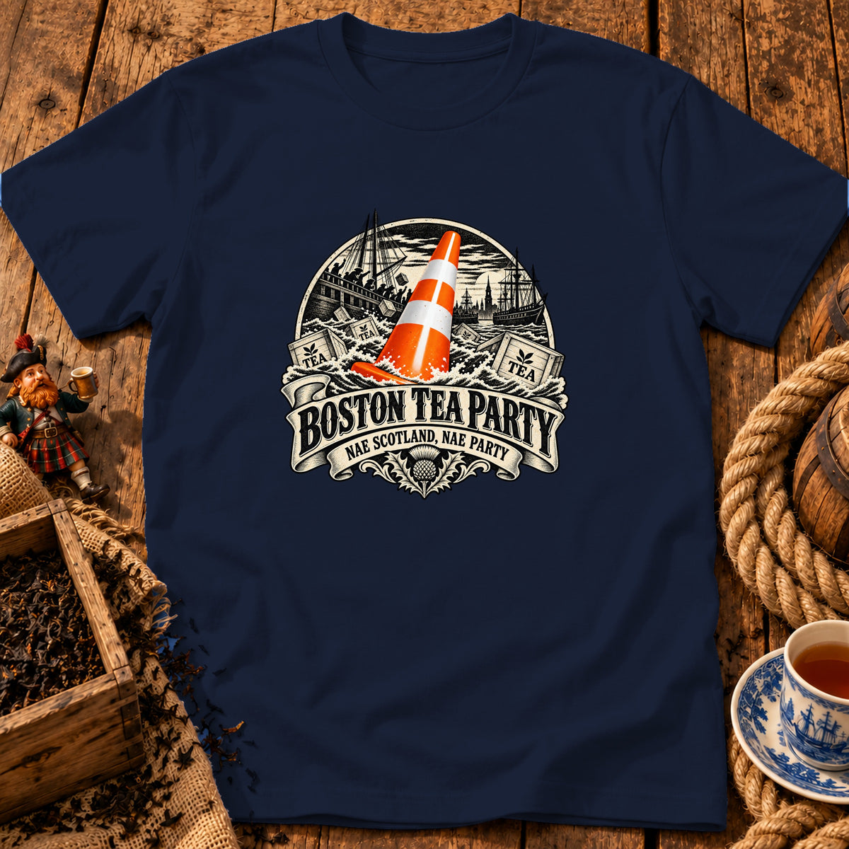 Dark blue t-shirt featuring a graphic print of a traffic cone in the sea with text Boston Tea Party.