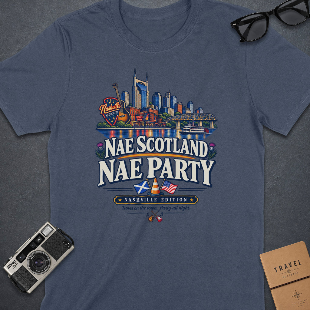 Nashville Music City skyline graphic with "Nae Scotland Nae Party" text.