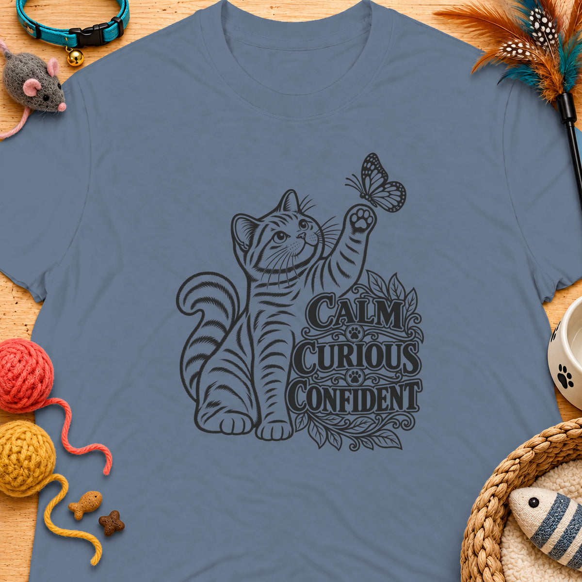 Gray t-shirt with a tabby cat reaching for a butterfly and the words "Calm Curious Confident".