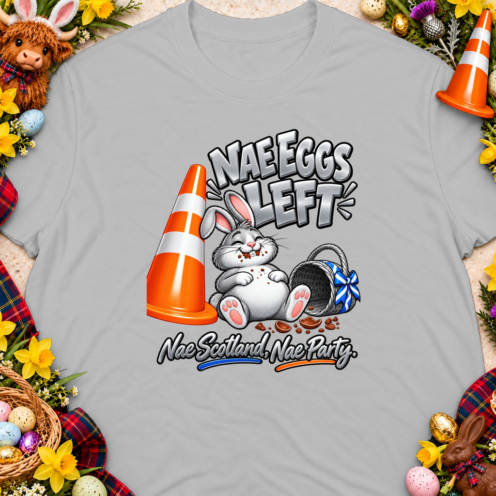 T-shirt graphic of a happy bunny eating chocolate eggs, with "Nae Eggs Left" text.