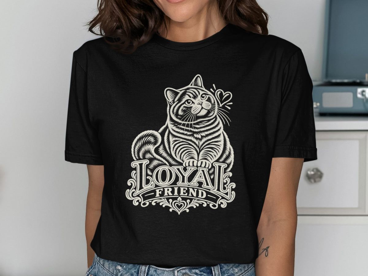 Black t-shirt with white graphic of a cat and text "LOYAL FRIEND".