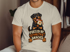 White t-shirt with Rottweiler graphic that reads "Fueled By Loyalty & Snacks".