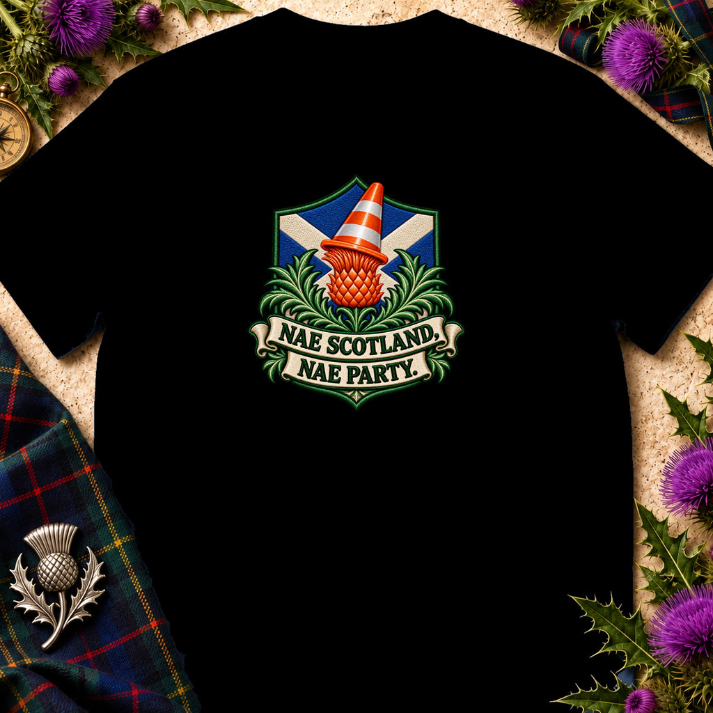 A black t-shirt features a crest with a Scottish flag, thistle wearing a traffic cone, and text reading "Nae Scotland, Nae Party."
