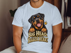 White t-shirt with Rottweiler graphic and text "BIG HEAD. BIGGER HEART."