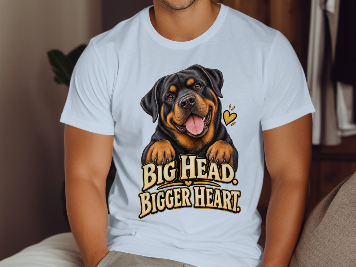 White t-shirt with Rottweiler graphic and text "BIG HEAD. BIGGER HEART."